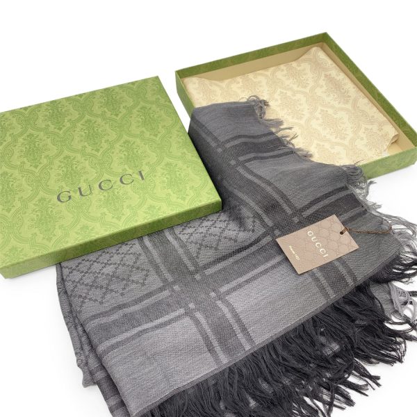 Gucci Grey Wool Silk GG Guccissima Survive Scarf Shawl Wrap Sale