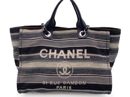 Chanel Black Grey Striped Canvas Medium Deauville Tote Bag For Discount