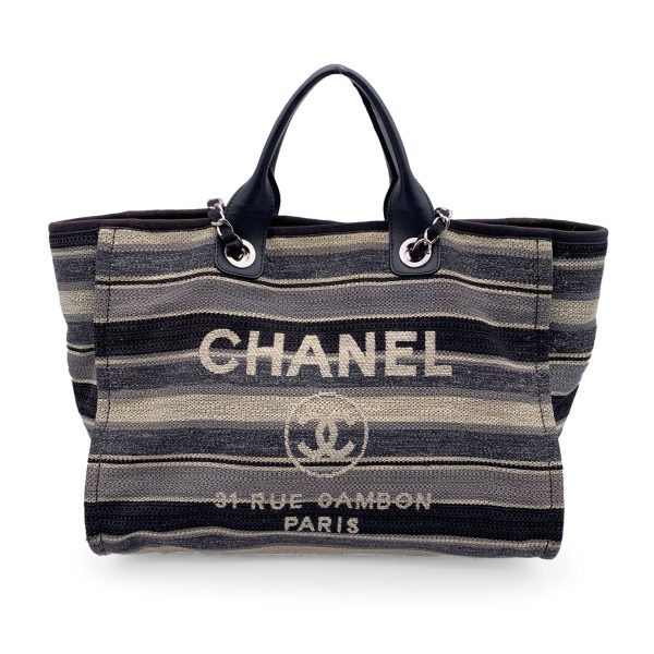 Chanel Black Grey Striped Canvas Medium Deauville Tote Bag For Discount