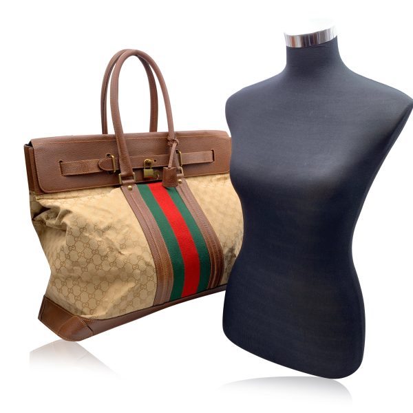 Gucci Beige Monogram Canvas Weekend Travel Bag with Stripes Online Hot Sale