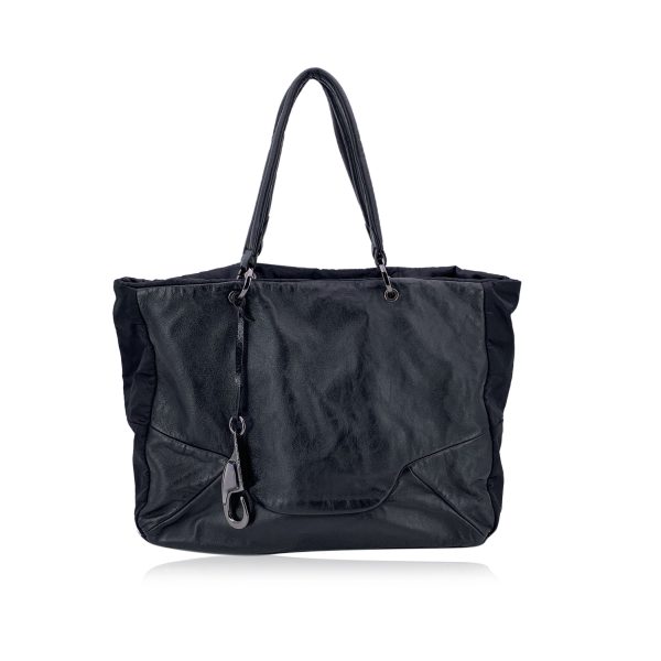 Fay Black Soft Leather and Nylon Canvas Tote Shoulder Bag Fashion