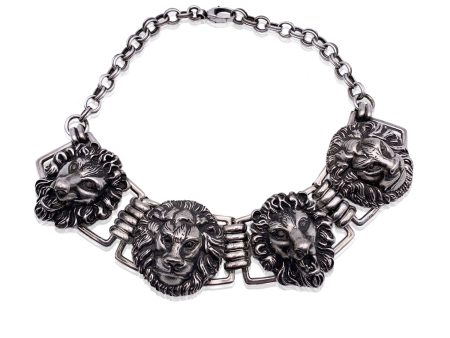 Gucci Aged Silver Metal Lion Head Choker Statement Necklace on Sale