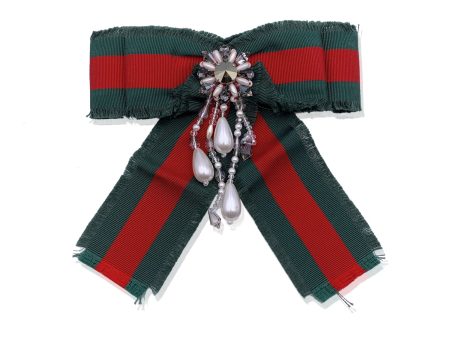 Gucci Red Green Grosgrain Bow Brooch Pin with Pearls and Crystals For Cheap