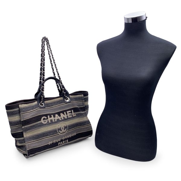 Chanel Black Grey Striped Canvas Medium Deauville Tote Bag For Discount