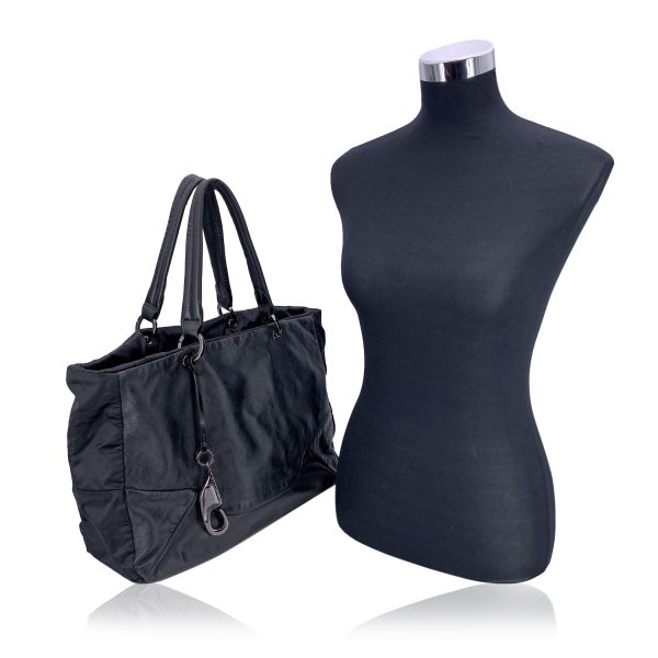 Fay Black Soft Leather and Nylon Canvas Tote Shoulder Bag Fashion