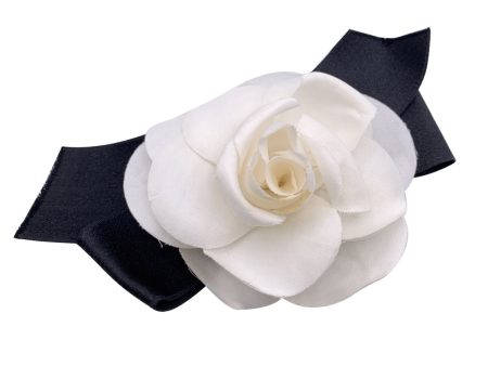 Chanel Vintage White Silk Black Satin Bow Camellia Camelia Brooch For Sale