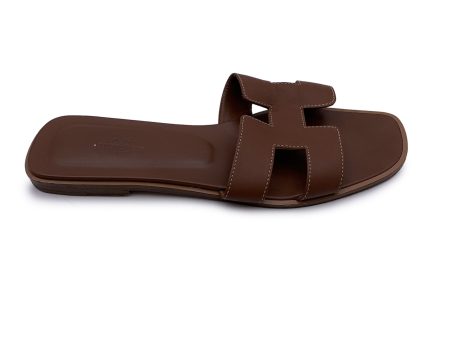 Hermes Brown Leather Oran Flat Slide Sandals Slip On Shoes Size 40 For Cheap