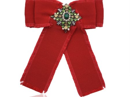 Gucci Red Grosgrain Bow Brooch Pin with Green Crystals Discount