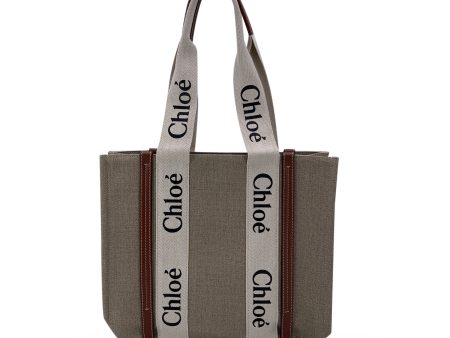 Chloe Beige Linen Canvas and Leather Logo Woody Tote Bag Hot on Sale