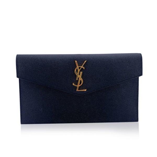 Saint Laurent Black Leather YSL Logo Uptown Clutch Bag Purse Supply