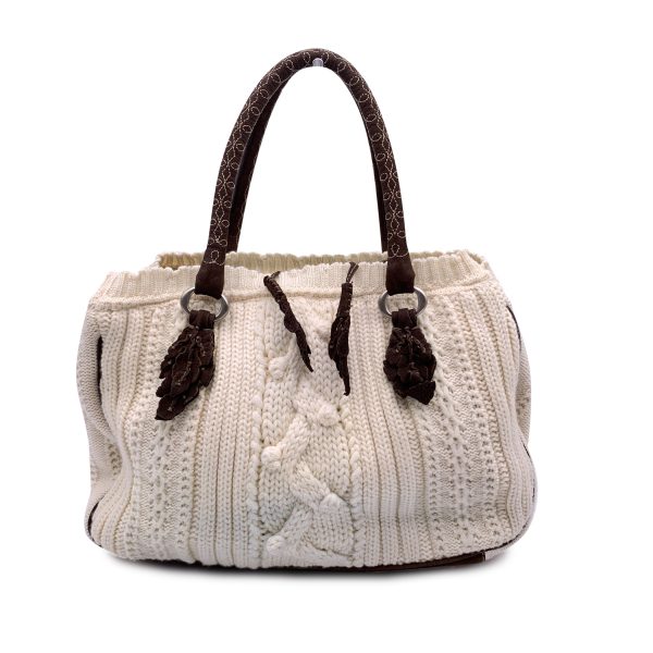 Ermanno Scervino White Brown Wool Knit Tote Shoulder Bag Hot on Sale