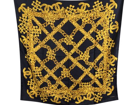 Chanel Vintage Black Yellow Silk Large Scarf CC Logo and Chain Print Cheap