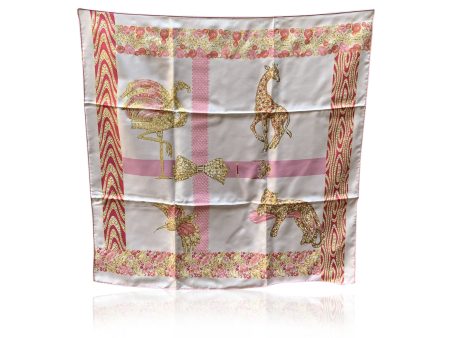 Cartier White and Pink Silk Scarf Animal Pattern For Discount