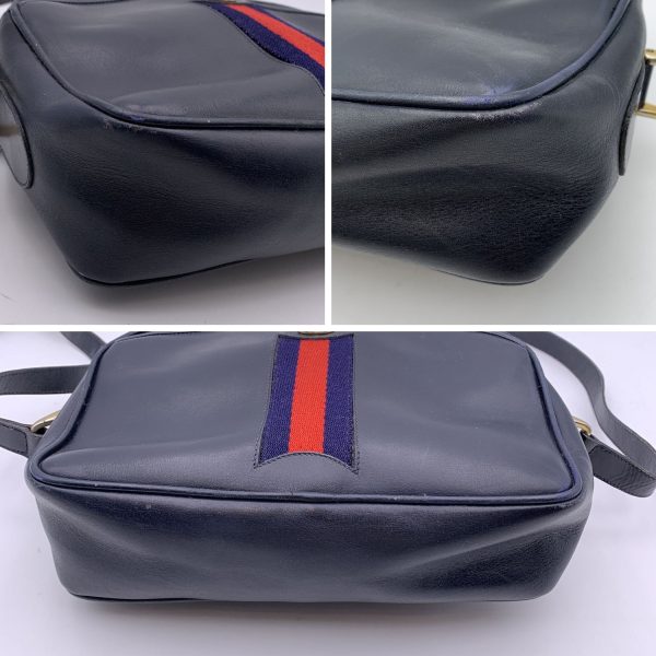 Gucci Vintage Blue Leather Messenger Crossbody Bag with Stripes on Sale