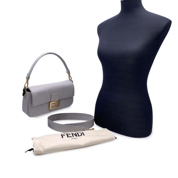 Fendi Light Grey Striped Cotton Bretagna Baguette Shoulder Bag Supply