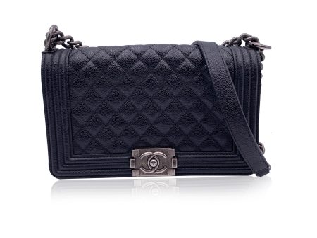 Chanel Black Quilted Caviar Leather Medium Boy Shoulder Bag For Discount