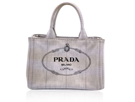 Prada Light Grey Denim Canvas Small Canapa Logo 2 Way Tote Bag For Discount