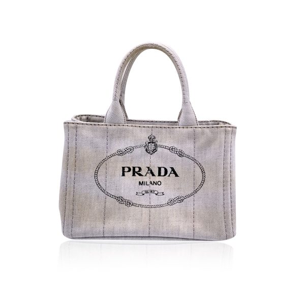 Prada Light Grey Denim Canvas Small Canapa Logo 2 Way Tote Bag For Discount