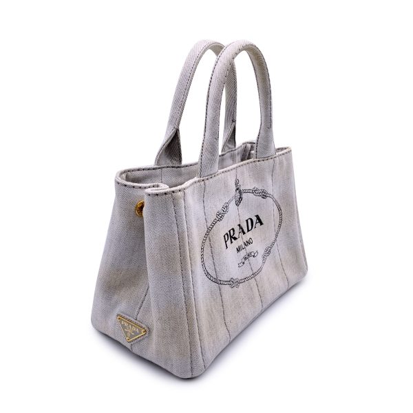 Prada Light Grey Denim Canvas Small Canapa Logo 2 Way Tote Bag For Discount