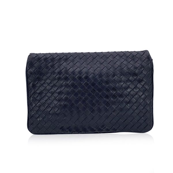 Bottega Veneta Vintage Navy Blue Intrecciato Woven Leather Clutch Bag on Sale