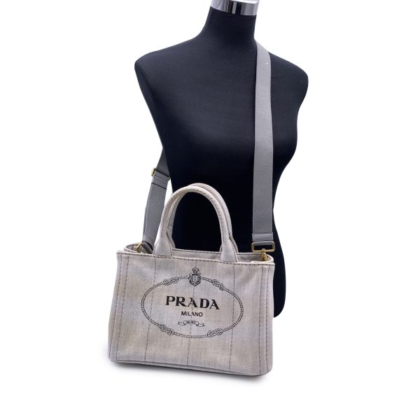 Prada Light Grey Denim Canvas Small Canapa Logo 2 Way Tote Bag For Discount