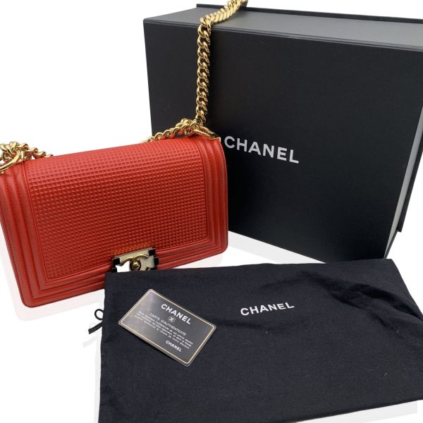 Chanel Red Embossed Cube Leather Medium Boy Shoulder Bag Fashion