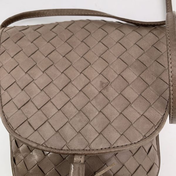 Bottega Veneta Taupe Intrecciato Woven Mini Tassel Crossbody Bag For Sale