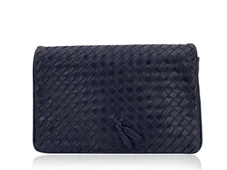 Bottega Veneta Vintage Navy Blue Intrecciato Woven Leather Clutch Bag on Sale