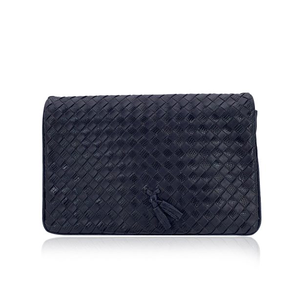 Bottega Veneta Vintage Navy Blue Intrecciato Woven Leather Clutch Bag on Sale