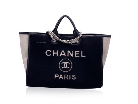 Chanel Black and White Felt Wool Large Deauville Tote Shoulder Bag For Sale