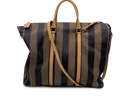 Fendi Vintage Pequin Striped Black Tobacco Canvas Tote Bag with Strap Fashion