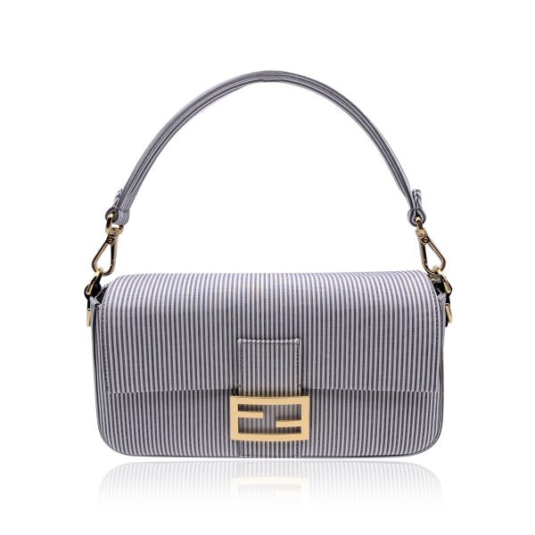 Fendi Light Grey Striped Cotton Bretagna Baguette Shoulder Bag Supply