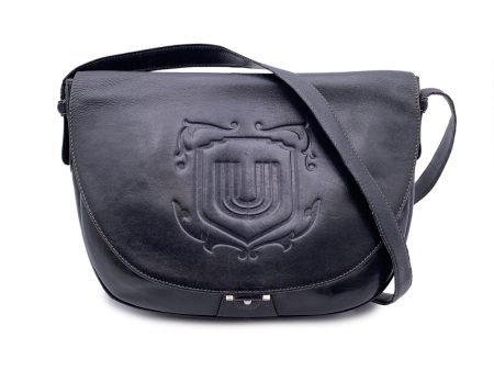 Ungaro Vintage Black Leather Logo Flap Messenger Shoulder Bag For Sale