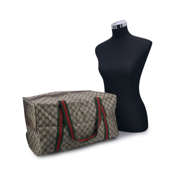 Gucci Vintage Beige Monogram Canvas Web Duffle Travel Bag Online Sale