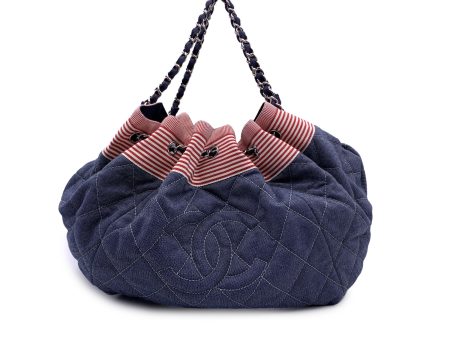 Chanel Blue Denim Coco Cabas GM Red Stripes Chain Drawstring Tote Bag For Sale