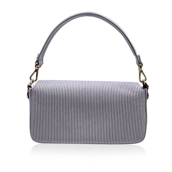 Fendi Light Grey Striped Cotton Bretagna Baguette Shoulder Bag Supply