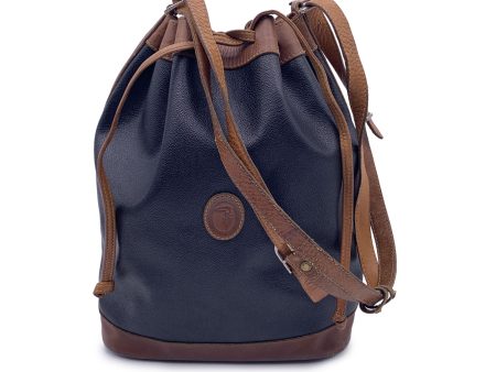 Trussardi Vintage Black Canvas Brown Leather Bucket Shoulder Bag Online Sale