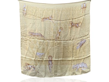 Cartier Beige Chiffon Panthers and Tigers Silk Scarf Animal Pattern Sale