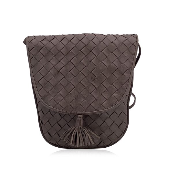 Bottega Veneta Taupe Intrecciato Woven Mini Tassel Crossbody Bag For Sale