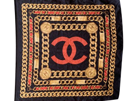 Chanel Vintage Black Red Yellow Silk Scarf CC Logo and Chain Print Cheap