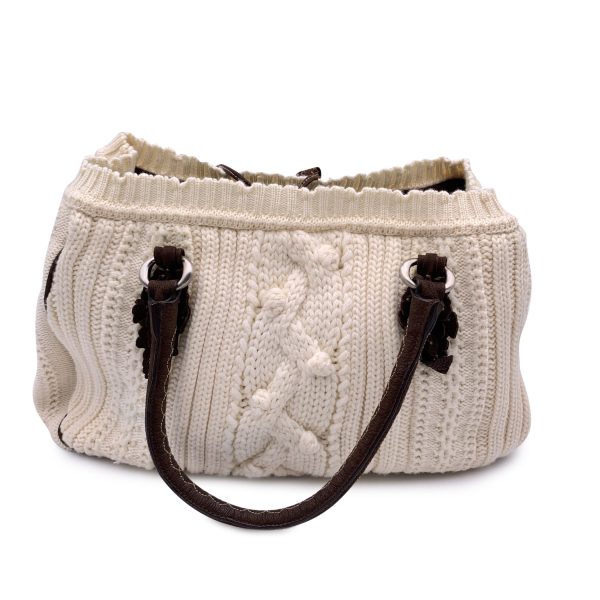 Ermanno Scervino White Brown Wool Knit Tote Shoulder Bag Hot on Sale