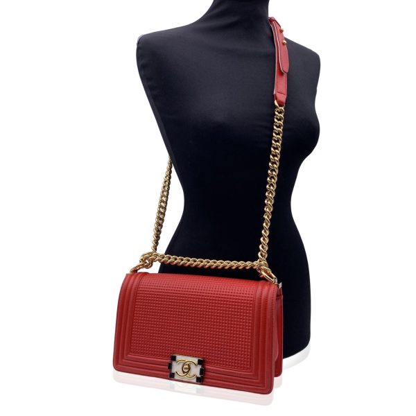 Chanel Red Embossed Cube Leather Medium Boy Shoulder Bag Fashion