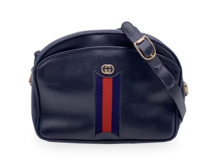 Gucci Vintage Blue Leather Messenger Crossbody Bag with Stripes on Sale