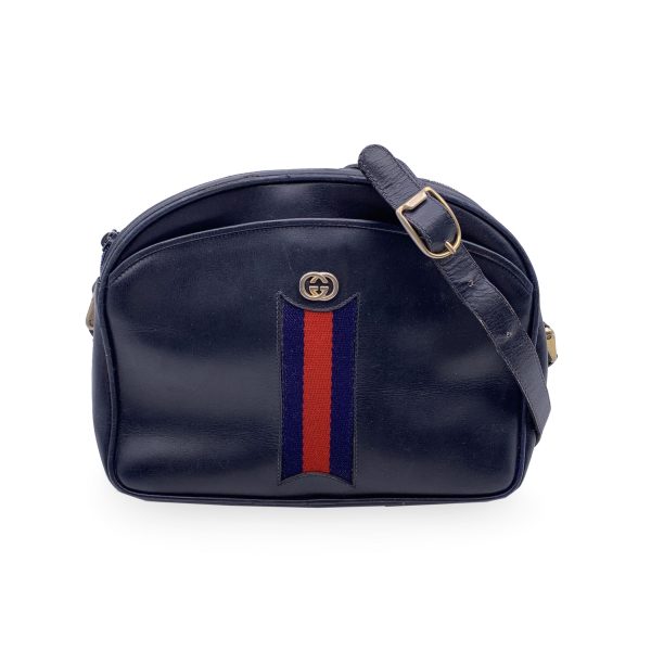 Gucci Vintage Blue Leather Messenger Crossbody Bag with Stripes on Sale